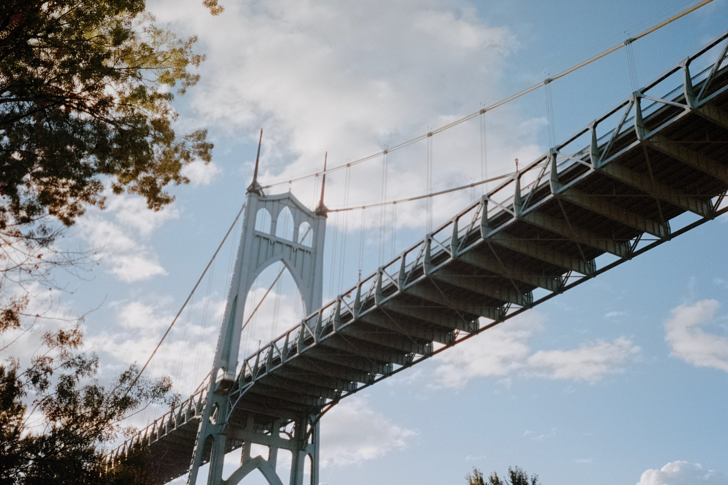 St. Johns Bridge viewed from below against a blue sky.