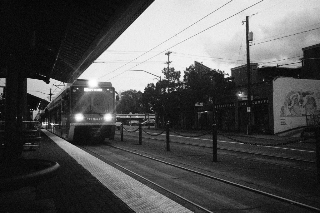 Portland MAX arriving at Rosa Parks Station in Portland, Oregon.