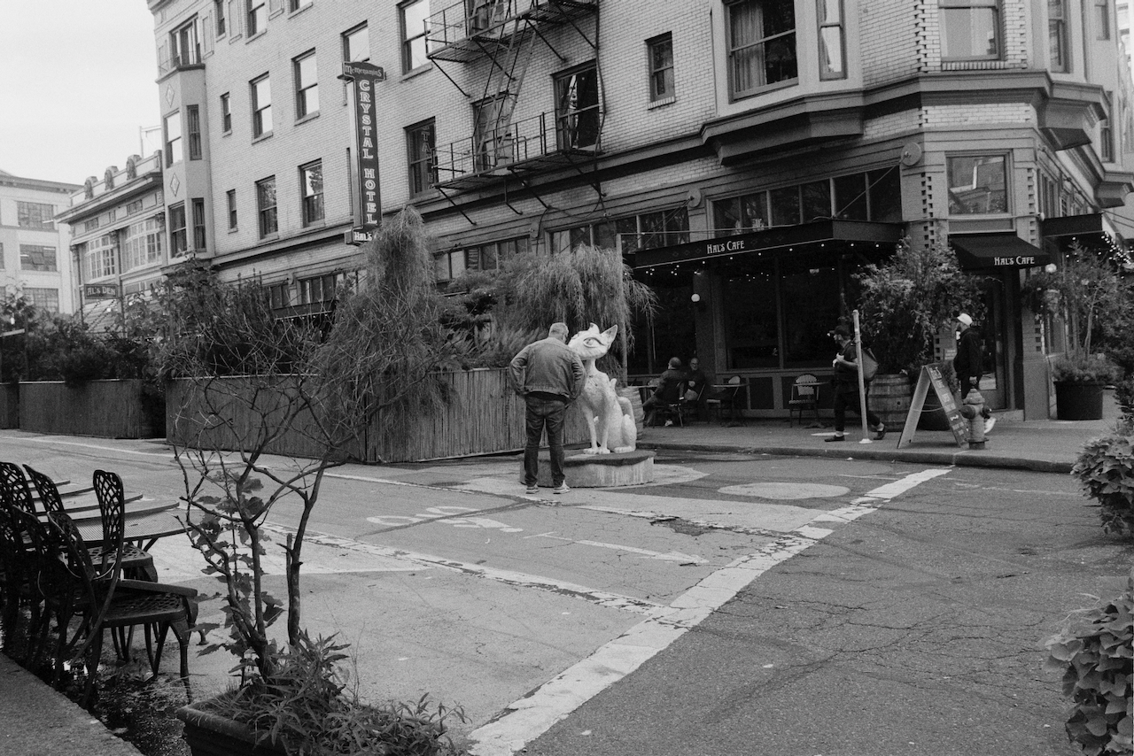 Black-and-white photo of man standing face to face with cat from Coraline in Portland, Oregon.
